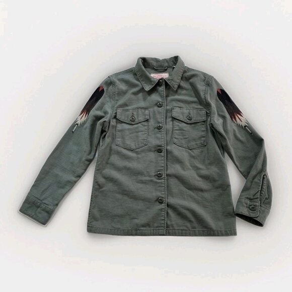 Levi's Army Shirt Jacket  Womens XS Military Green Wings Aztec Embroidery Hippie - Picture 1 of 16